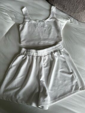 White Ribbed Tank Crop Top & Shorts Set